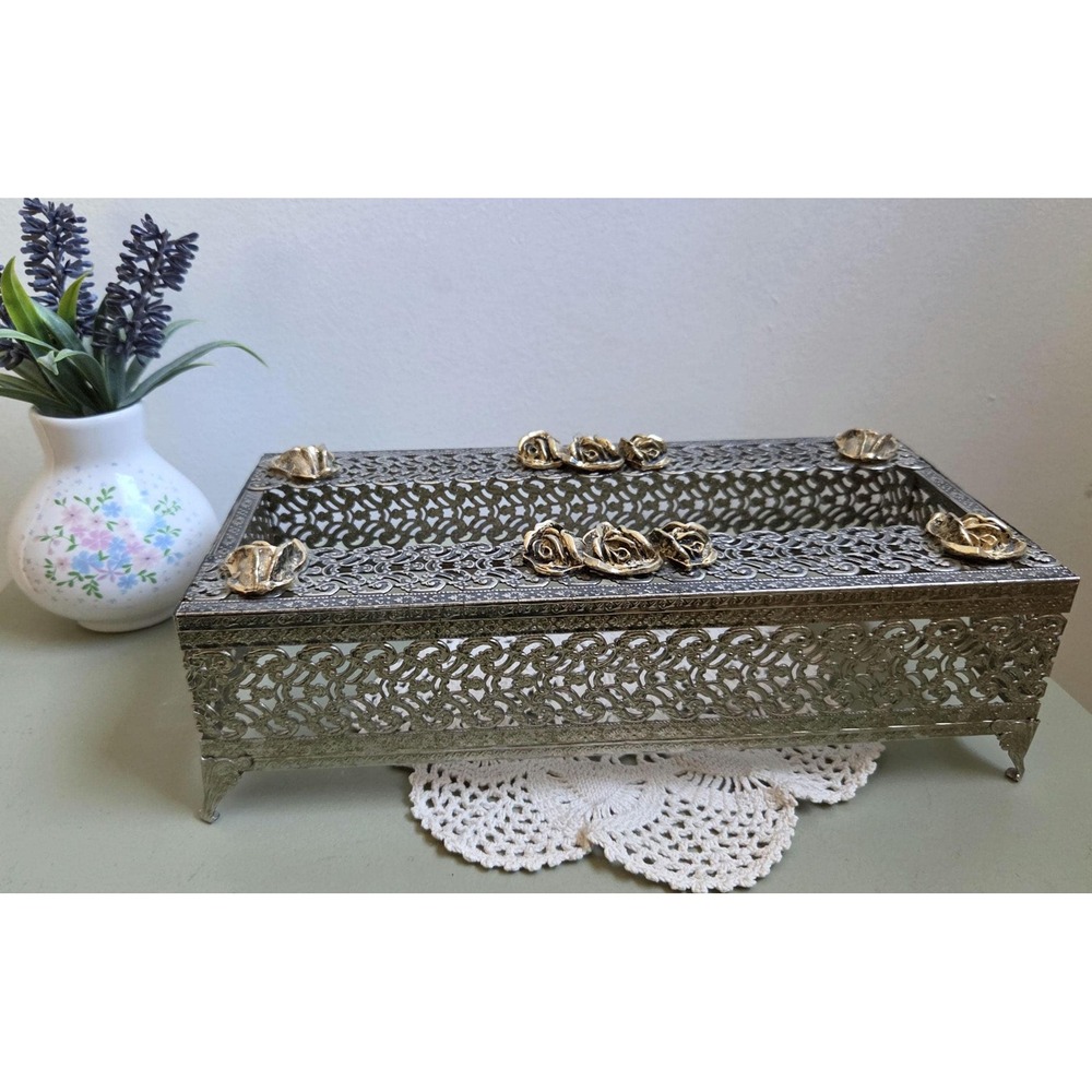 Vintage Filigree Tissue Box Cover Rose Metal Hollywood Regency Vanity Decor